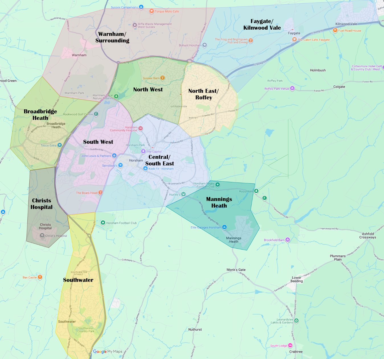 Vouchee service area map covering Horsham and surrounding areas